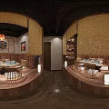 Japanese Restaurant Interior Featuring Red Colored Lanterns Wooden Counter Chairs and Shelves with Tableware