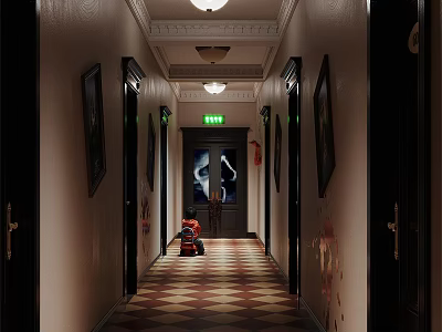 Long Dark Corridor With Ceiling Lights Framed Pictures Checkerboard Floor And Exit Sign 3d model
