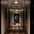 Long Dark Corridor With Ceiling Lights Framed Pictures Checkerboard Floor And Exit Sign