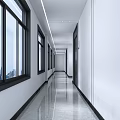 Modern Office Corridor Interior With White Walls Black Window Frames Sleek Floors And Ceiling Lights 3d model