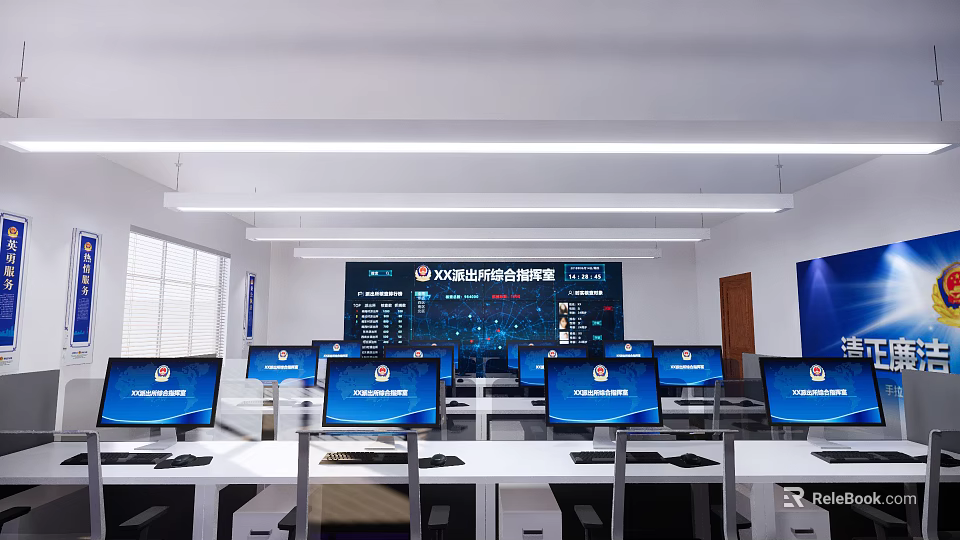 Modern Monitoring Room Featuring Multiple Computer Monitors Large Wall Screen And Control Consoles 3d model 