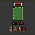 Green Shopping Cart With Red Handle And Various Colored Meat Pieces On Black Tray