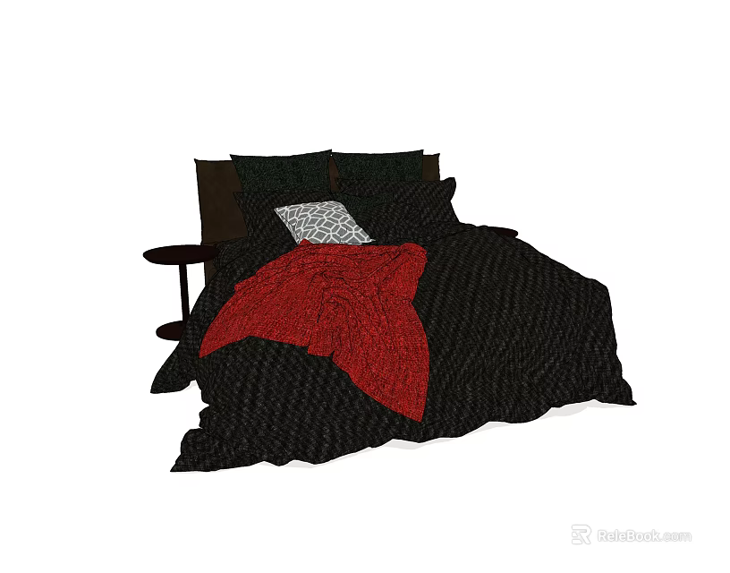 Double Bed With Black Comforter Red Blanket Pillows And Small Nightstand 3d model
