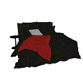 Double Bed With Black Comforter Red Blanket Pillows And Small Nightstand 3d model