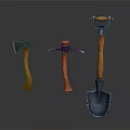 Set of Three Hand Tools with Orange Handles Including Axe Pickaxe and Shovel