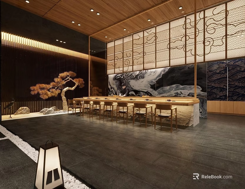 Japanese Style Restaurant Interior With Wooden Ceiling Decorative Screens Bar Counter Stools And Lantern 3d model 