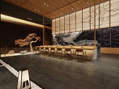 Japanese Style Restaurant Interior With Wooden Ceiling Decorative Screens Bar Counter Stools And Lantern 3d model