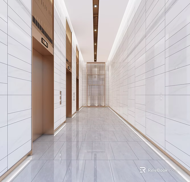 Modern Elevator Hallway with White Walls Metal Door Frames and Marble Floor Lighting 3d model