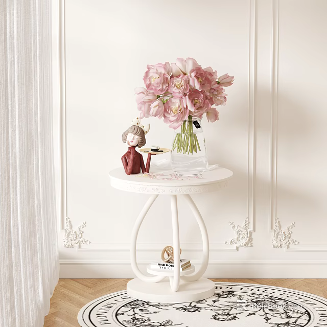 White Side Table with Pink Flowers in Vase and Decorative Figurine Against Decorative Wall 3d model 