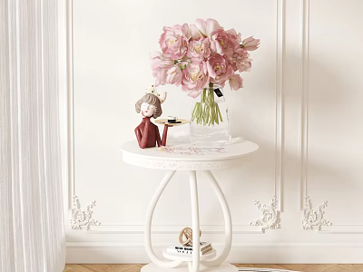 White Side Table with Pink Flowers in Vase and Decorative Figurine Against Decorative Wall 3d model