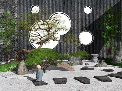 Karesansui Zen Garden With Raked Sand Patterns Stones Bonsai Tree Circular Windows And Monk Statue 3d model