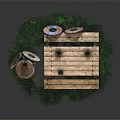 Wooden Outdoor Table With Cups Wheeled Base And Decorative Shields Nearby Wooden Barrel