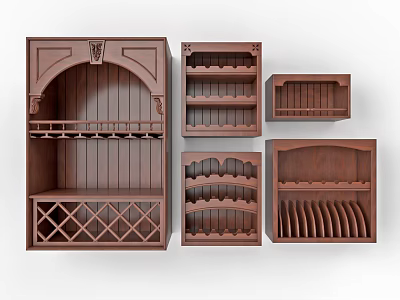 Brown Wooden Wall Cabinets With Wine Racks Lattice Shelves And Plate Holders 3d model