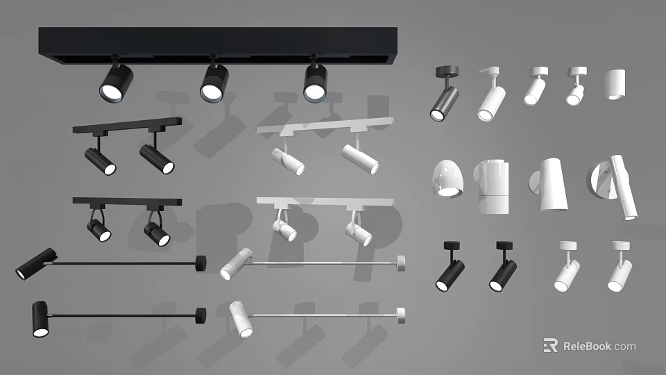 Modern Lighting Fixture Combinations With Track Lights And Spotlights In Black And White 3d model 