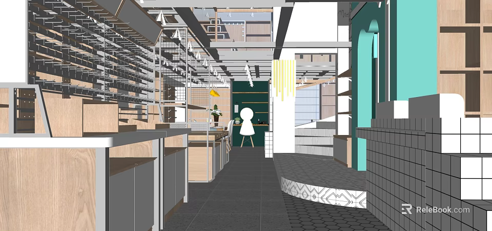Modern Store Interior Design With Shelves Display Areas Green Walls And Yellow Decor 3d model 