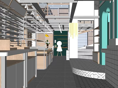 Modern Store Interior Design With Shelves Display Areas Green Walls And Yellow Decor 3d model