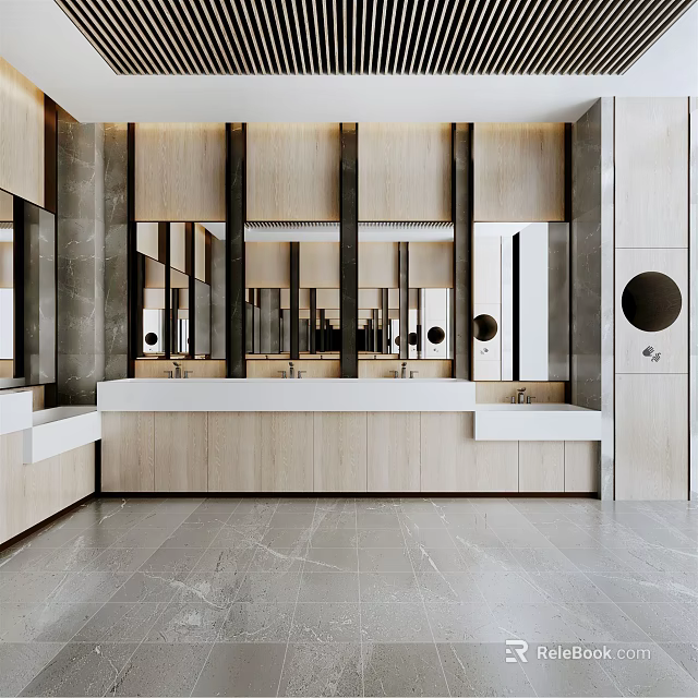 Public Restroom With Modern Design White Sinks Mirrors And Wooden Cabinets 3d model 