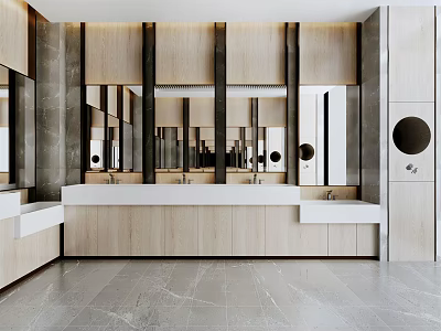 Public Restroom With Modern Design White Sinks Mirrors And Wooden Cabinets 3d model