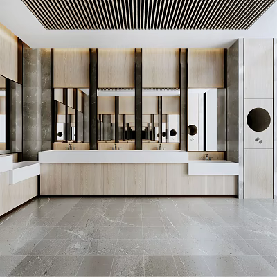 Public Restroom With Modern Design White Sinks Mirrors And Wooden Cabinets 3d model