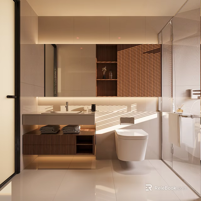 Modern Bathroom Interior With Wooden Vanity Mirror Toilet Glass Shower And Sunlight 3d model 