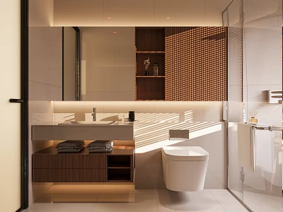 Modern Bathroom Interior With Wooden Vanity Mirror Toilet Glass Shower And Sunlight 3d model
