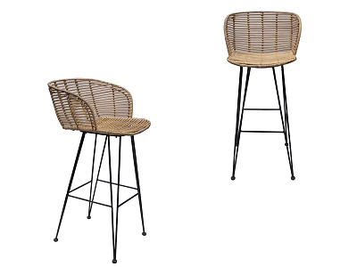 Stylish Rattan Bar Stools With Metal Frame And Curved Backrest Design 3d model