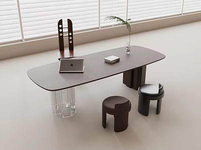 Modern Dark Brown Desk with Laptop Book and Plant Vase Near Window Blinds and Stools 3d model