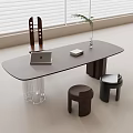 Modern Dark Brown Desk with Laptop Book and Plant Vase Near Window Blinds and Stools