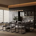 Modern Restaurant Interior With Dining Table Chairs Hanging Lights And Large Windows 3d model