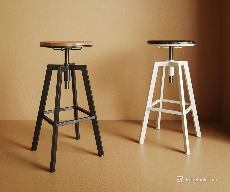 Black And White Stools With Metal Frame And Round Seat On Brown Background 3d model 