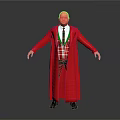A Man In Red Long Coat With Plaid Vest And Green Tie Against Gray Background