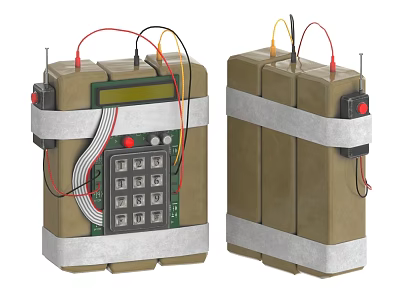 Military Bomb Weapon With Digital Timer Colored Wires Silver Straps And Brown Casing 3d model