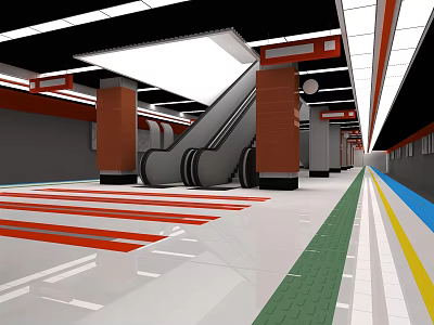 Modern Station Interior With Escalators Colorful Floor Columns Red White Green Yellow Lines 3d model
