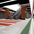 Modern Station Interior With Escalators Colorful Floor Columns Red White Green Yellow Lines