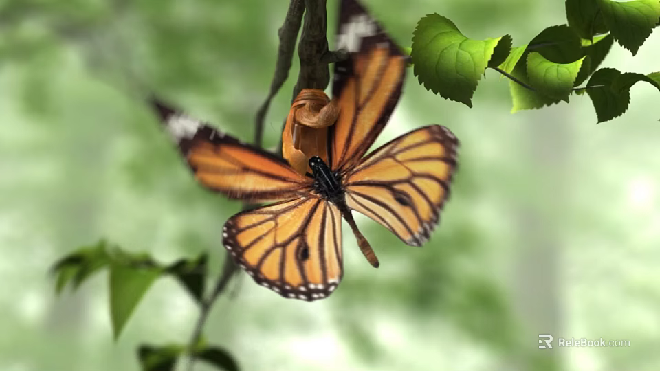 Monarch Butterfly Flying Among Green Leaves And Tree Branches With Vibrant Orange Wings 3d model 