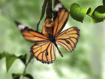 Monarch Butterfly Flying Among Green Leaves And Tree Branches With Vibrant Orange Wings 3d model