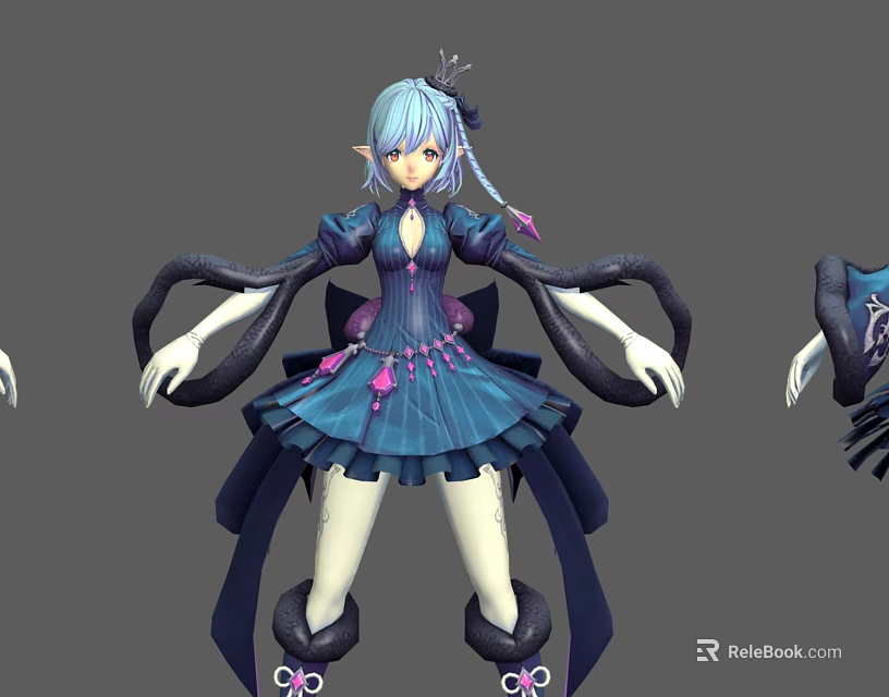 Game and Movie Character With Blue Hair Elf Ears Blue Dress and Black Tentacle Decorations 3d model 