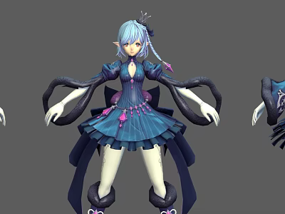 Game and Movie Character With Blue Hair Elf Ears Blue Dress and Black Tentacle Decorations 3d model