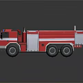 Red and white fire truck with water tank multiple wheels and white stripes
