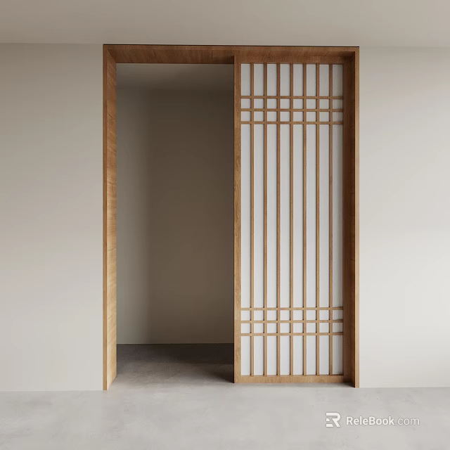Wooden Sliding Door With Grid Pattern In Minimalist Interior Space With Light Wall 3d model