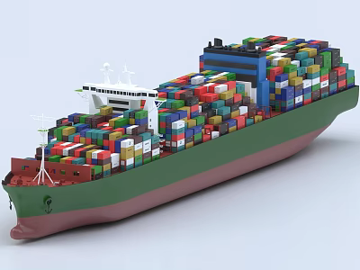 Large Container Ship With Green And Red Hull Carrying Stacked Colorful Containers 3d model