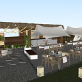 Rooftop Restaurant Terrace With White Canopies String Lights Outdoor Seating Pebble Flooring