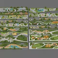 Various Park Landscape Layouts with Paths Green Areas Ponds and Scenic Features