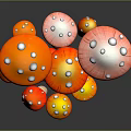 Colorful Edible Mushrooms with Red Orange Caps and White Spots in 3D Rendered Food Illustration
