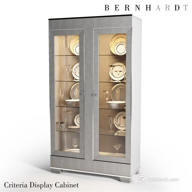 Elegant Modern Cabinet With Glass Doors Displaying Plates And Wine Glasses 3d model 
