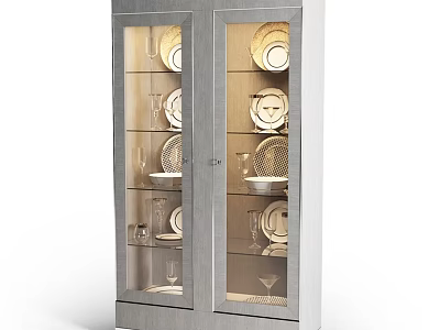 Elegant Modern Cabinet With Glass Doors Displaying Plates And Wine Glasses 3d model