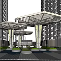 Modern Entrance Gate With Canopy Structure Between High Rise Buildings And Paved Ground