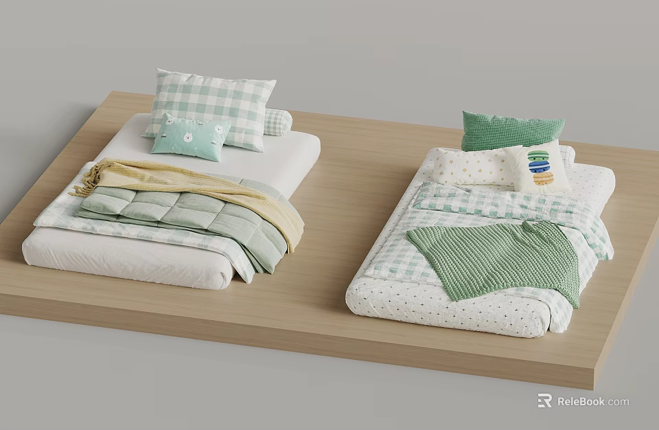 Two Beds With Green And White Bedding Pillows And Blankets On Wooden Platform 3d model 