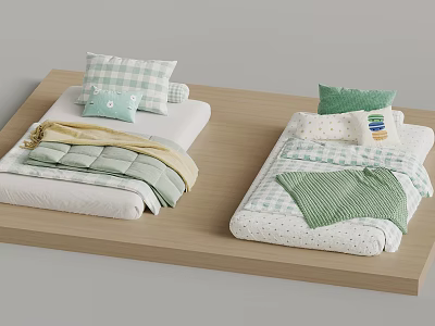 Two Beds With Green And White Bedding Pillows And Blankets On Wooden Platform 3d model