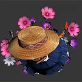 Cute Red Hair Girl In Straw Hat And Blue Dress Among Pink White Purple Flowers